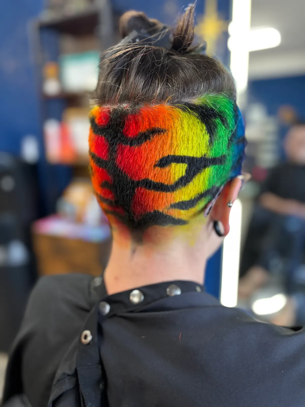 Full rainbow scalp design with bold patterned sections, by Gray